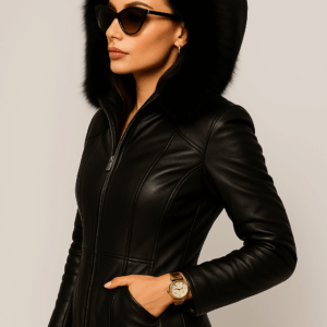 Women Black Leather Zipper Sheepskin Jacket With Removable Cap