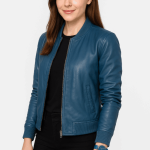 New Women’s Classic Blue Leather Bomber Jacket