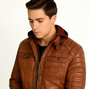 NEW Men Quilted Tan Leather Jacket with Removable Hood