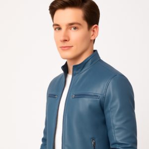 New Men Blue Leather Biker Jacket