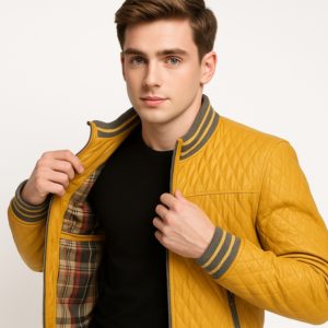 New Men Yellow Quilted Leather Bomber Jacket